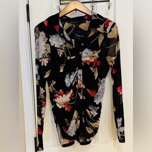 WHBM Ruched Mesh Black and Floral Top